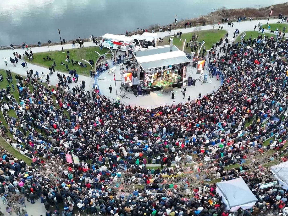 Aerial view of the Chaharshanbe Suri Festival crowd at Town Centre Park, Coquitlam
